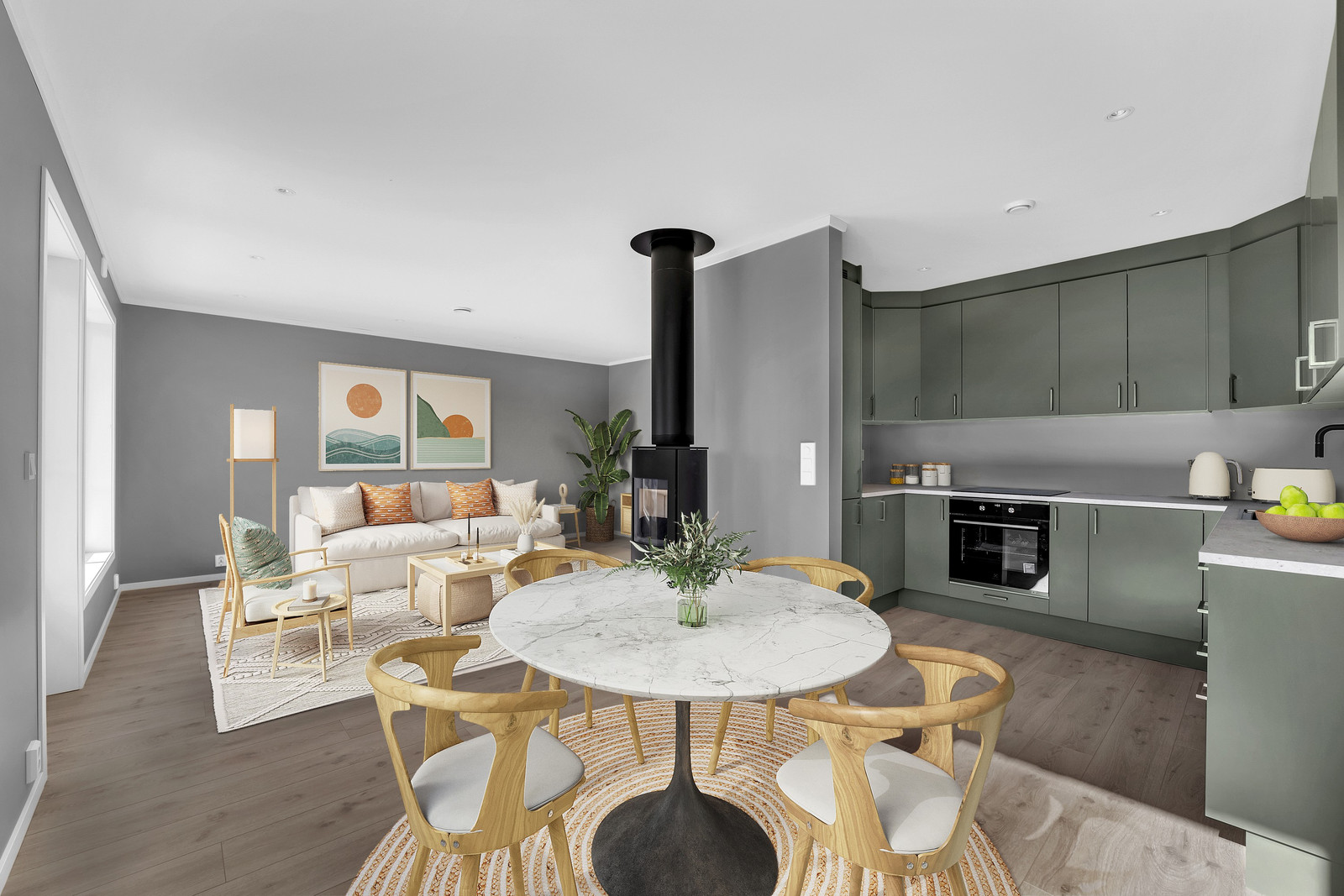 Stue/Kjøkken med illustrerte møbler