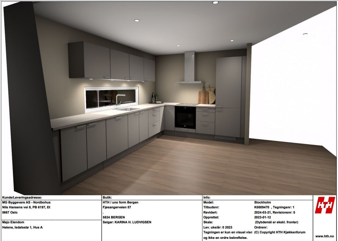 Komplett kjøkken med integrerte hvitevarer fra HTH. Galleribilde