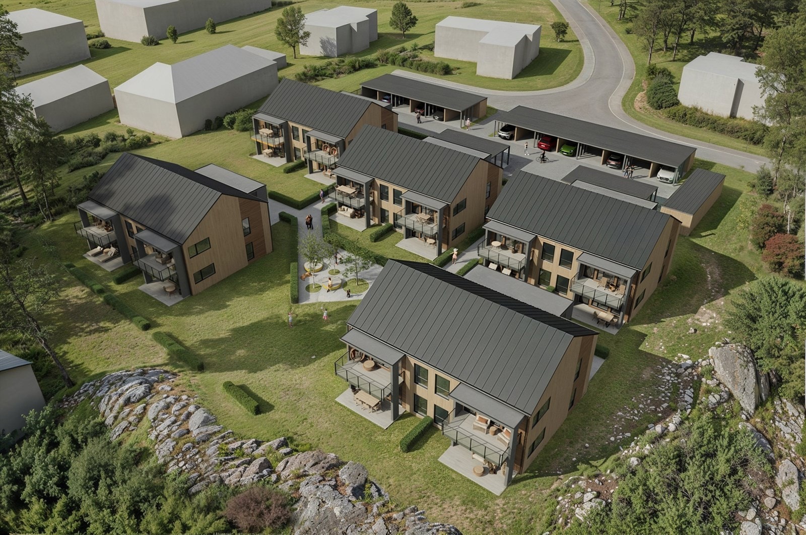 Velkommen til Bergheimstubben KS 8 - et meget spennende boligprosjekt. 20 enheter fordelt på 5 stilige og moderne bygg i fine omgivelser. (Illustrasjon). Galleribilde