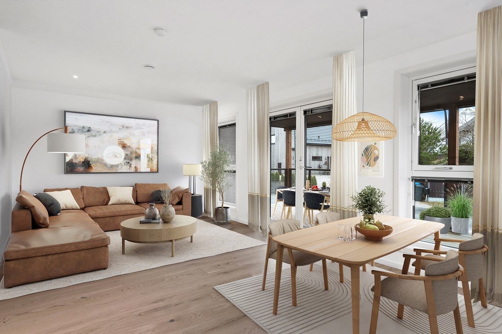 Lys og åpen stue med moderne preg og praktiske løsninger. (Illustrasjon). Galleribilde