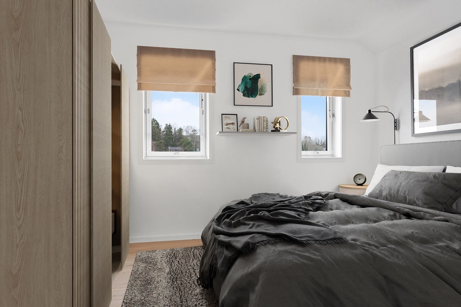 Innbydende soverom med plass til garderobeløsning. (Illustrasjon). Galleribilde