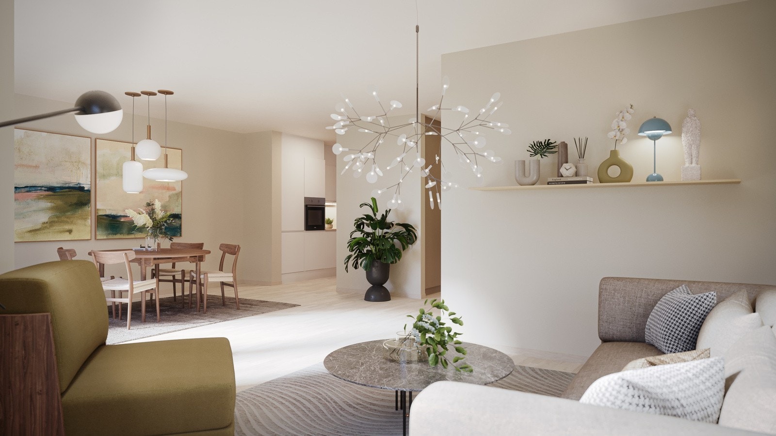 Sett fra stuen mot kjøkken og spiseavdeling i KS5 Galleribilde