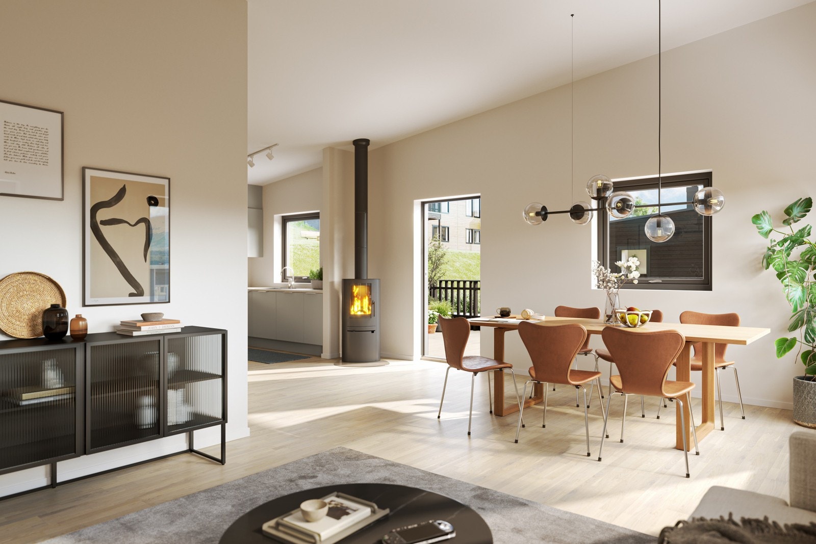 Alle boligene har moderne vedovn og skrå himling med god takhøyde på stue. Illustrasjon hus 1 og 2. Galleribilde