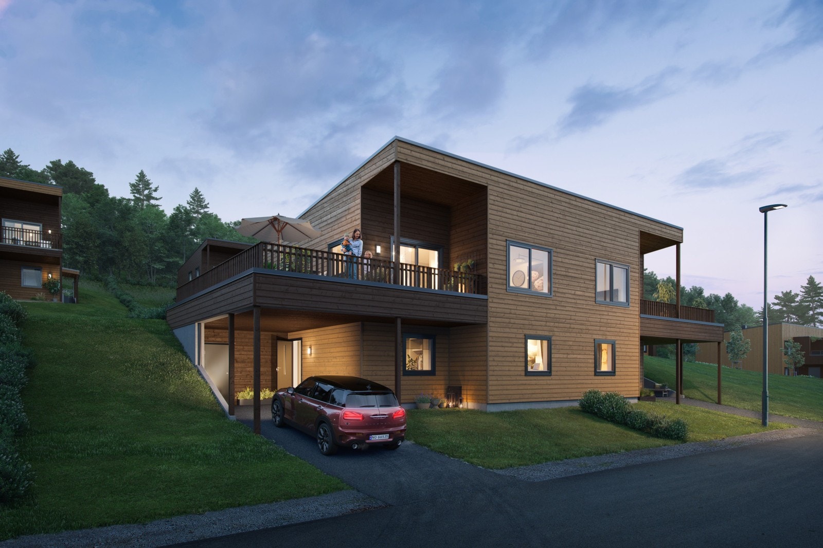 Hus 3. Tomannsbolig med carport og stor terrasse. Boenhet mot vest er solgt. Illustrasjon. Galleribilde