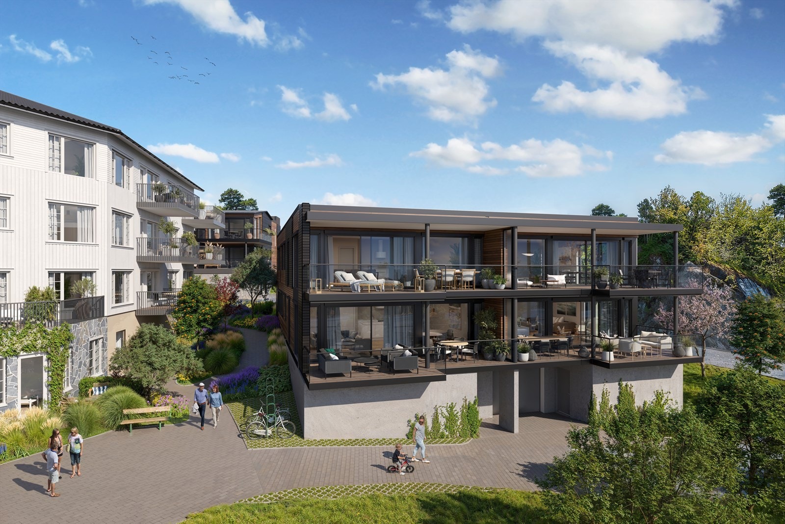 Strandhuset får en moderne arkitektur med 4 store
gjennomgående leiligheter fra 127-139 kvm. Galleribilde