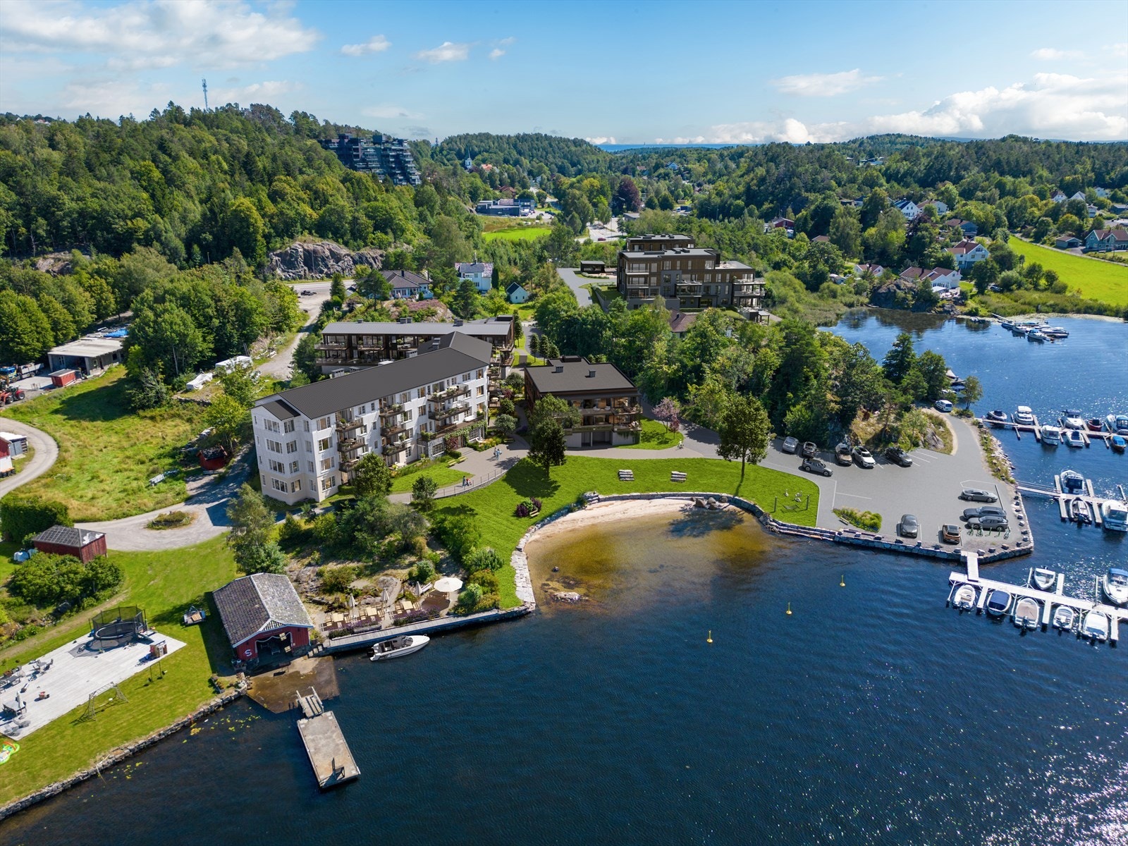 Strandhagen byr på fantastiske uteområder med
skjærgårdshage, strand og båthus. Med mulighet for kjøp av båtplass ved His Småbåthavn kan beboerne også nyte varme sommerdager på sjøen. Galleribilde