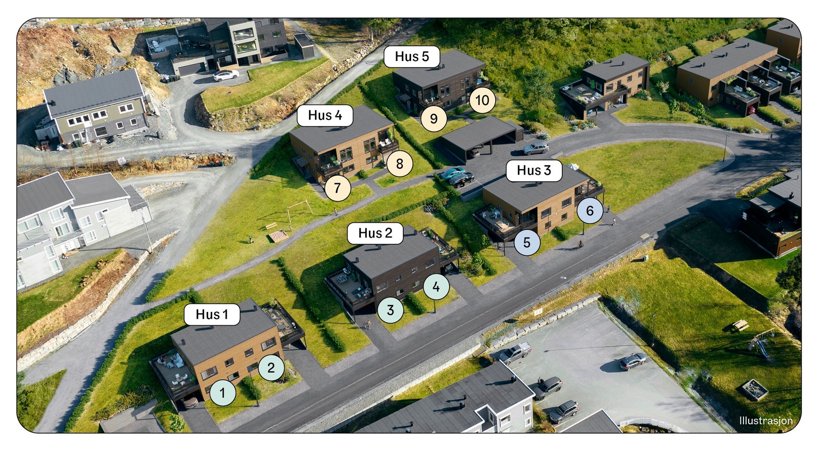 Oversikt plassering hus 1-5. Illustrasjon. Galleribilde