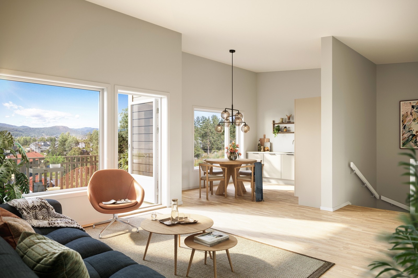 Stue med åpen himling og utgang til terrasse. Galleribilde