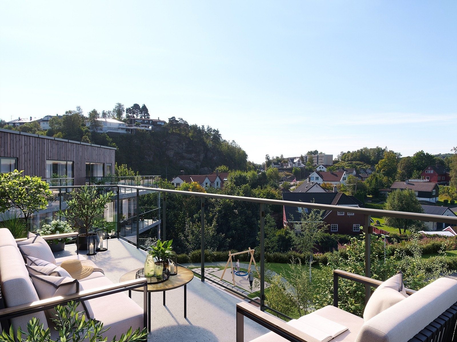 Solrike balkonger og terrasser mot vest. Illustrasjon fra leilighet B5-24 Galleribilde