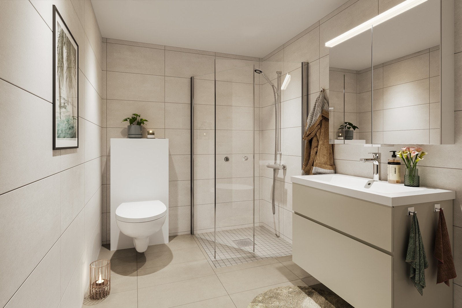 Lekre bad med store flotte fliser og tidsriktig innredning Galleribilde