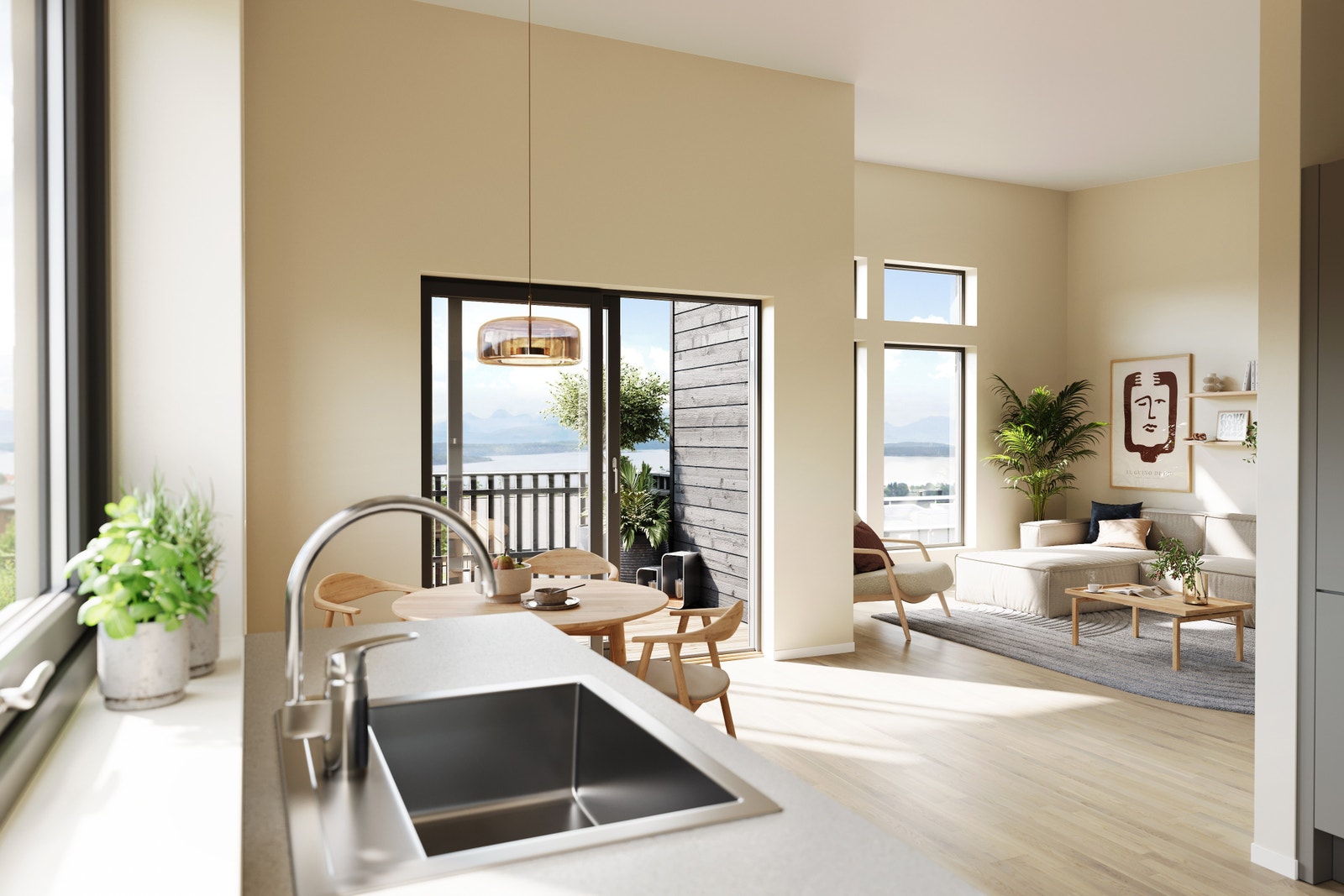 Heve/skyvedør på stue i hus 4. Illustrasjon. Galleribilde