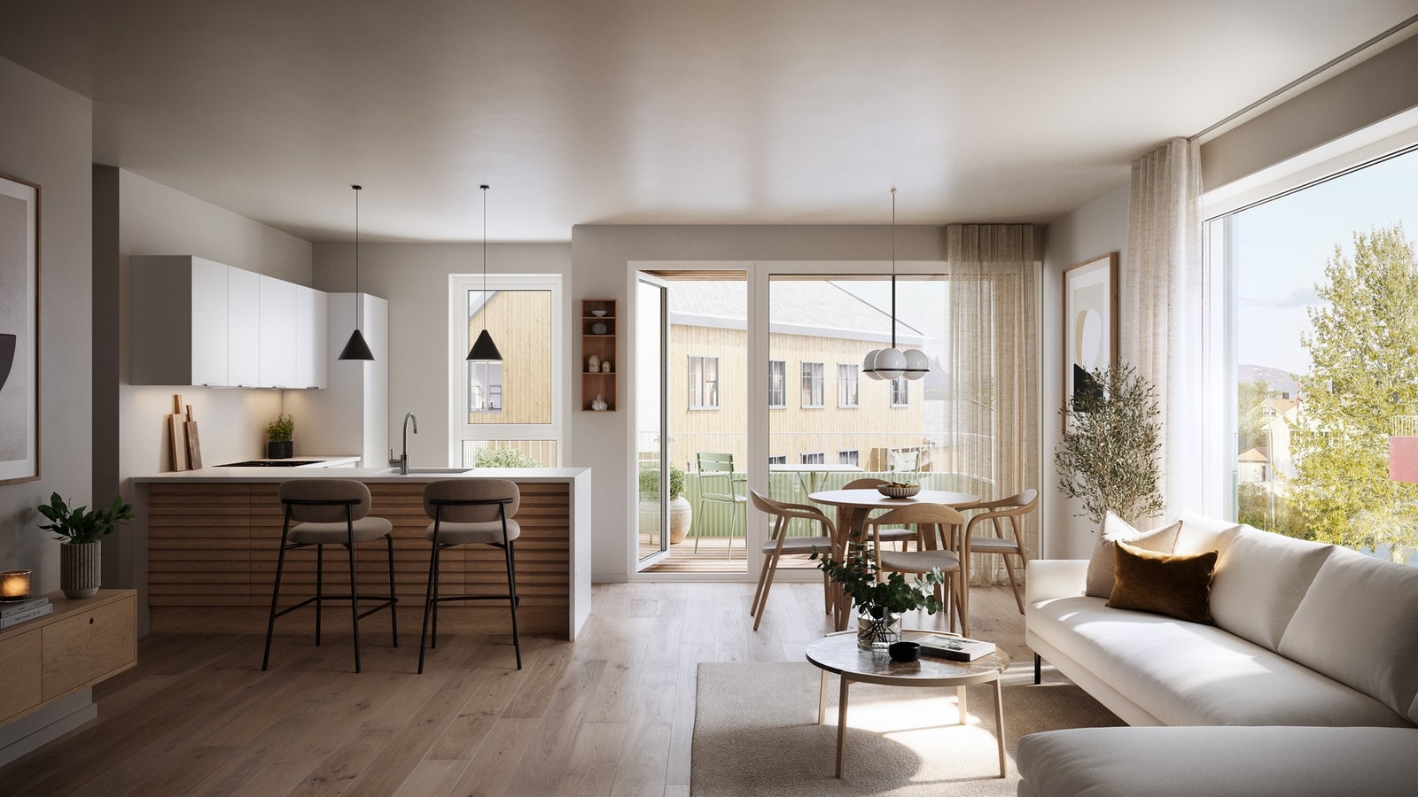 Alle rom i leilighetene, foruten boder og soverom, vil bli oppvarmet med vannbåren gulvvarme. Galleribilde