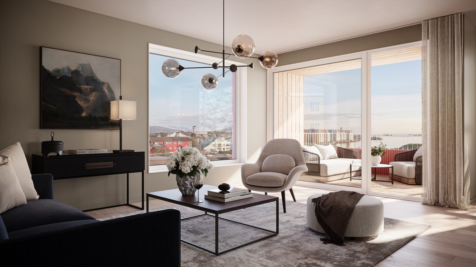 Det er medtatt solskjerming i glass slik at innstrålingsvarme fra sol begrenses. Balkongdører leveres med samme utførelse som vinduer. Galleribilde