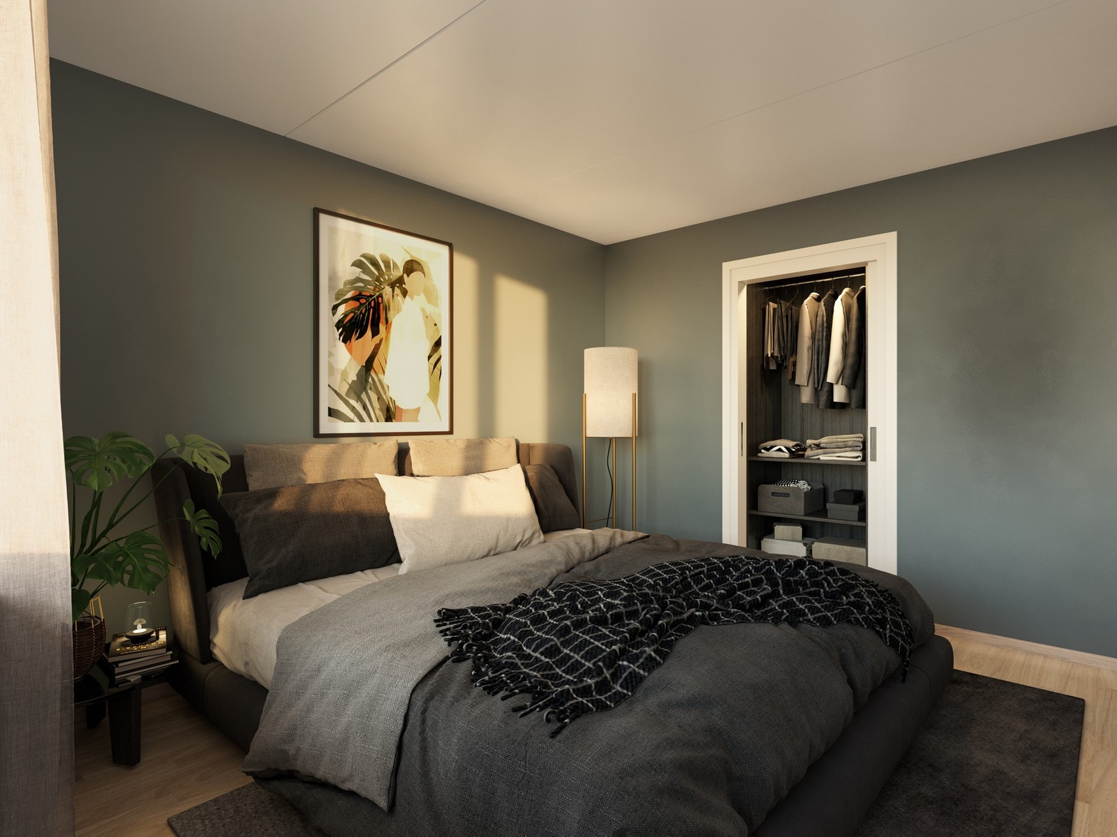 Leiligheten kommer med 3 soverom av god størrelse. Hovedsoverommet kommer med tilhørende walk-in-closet og baderom. Illustrasjon, avvik vil forekomme. Galleribilde