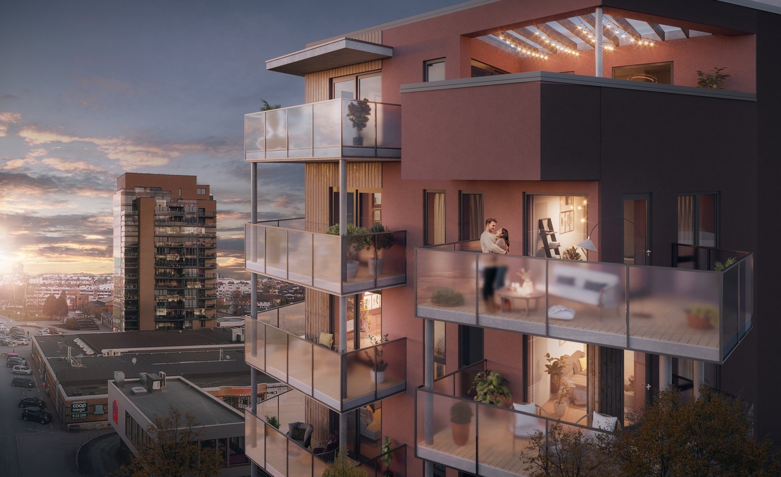 Leiligheten disponerer hele 8. etasje med sine 128 kvm, private takterrasse og balkong. Illustrasjon, avvik vil forekomme. Galleribilde