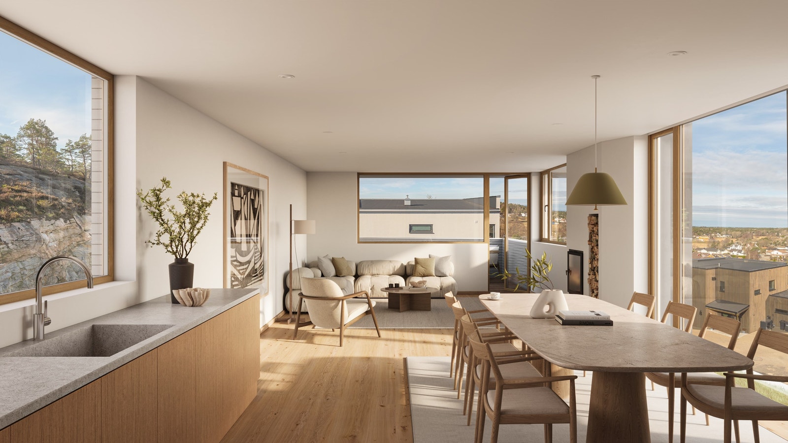 Elegante og tidsaktuelle elementer pryder boligenes indre. Boligene oppføres i tråd med nyeste tekniske byggestandard. Vannbåren gulvvarme i alle rom. Galleribilde