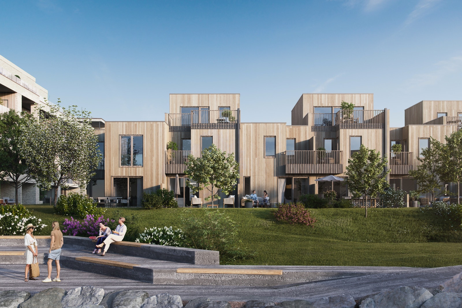 Fjordhusene 12 - 17 ligger mot Fjordrommet - og har en flott beliggenhet med frontfasade i vest. Bildet er en 3D illustrasjon og kan inneha elementer/løsninger som ikke er standardleveranse. Endringer vil forekomme. Galleribilde