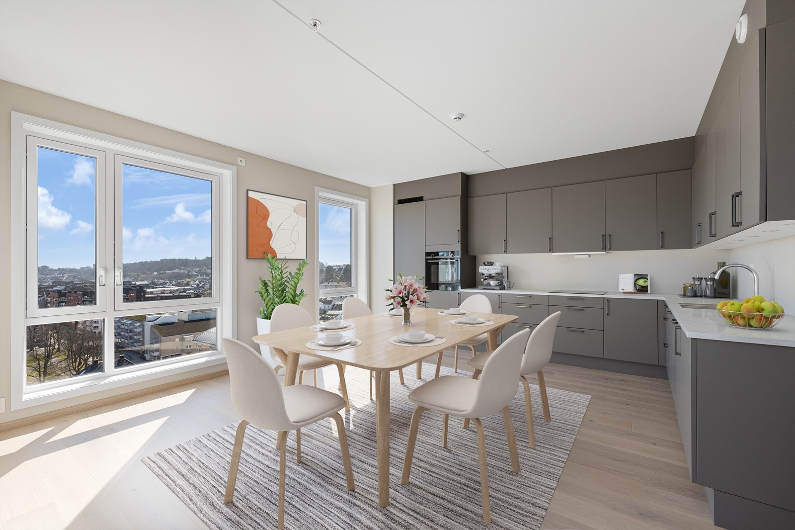 Lys og åpen kjøkkenløsning fra HTH. Luksusfølelse med vannbåren gulvvarme. (Boligen er digitalt stylet) Galleribilde