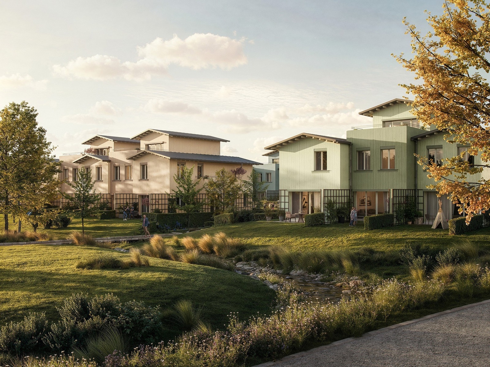 Her blir det gode uterom og møteplasser for små og store. Blant lekeplasser og frukttrær tilrettelegges det for dyrking
på egne parseller. Galleribilde