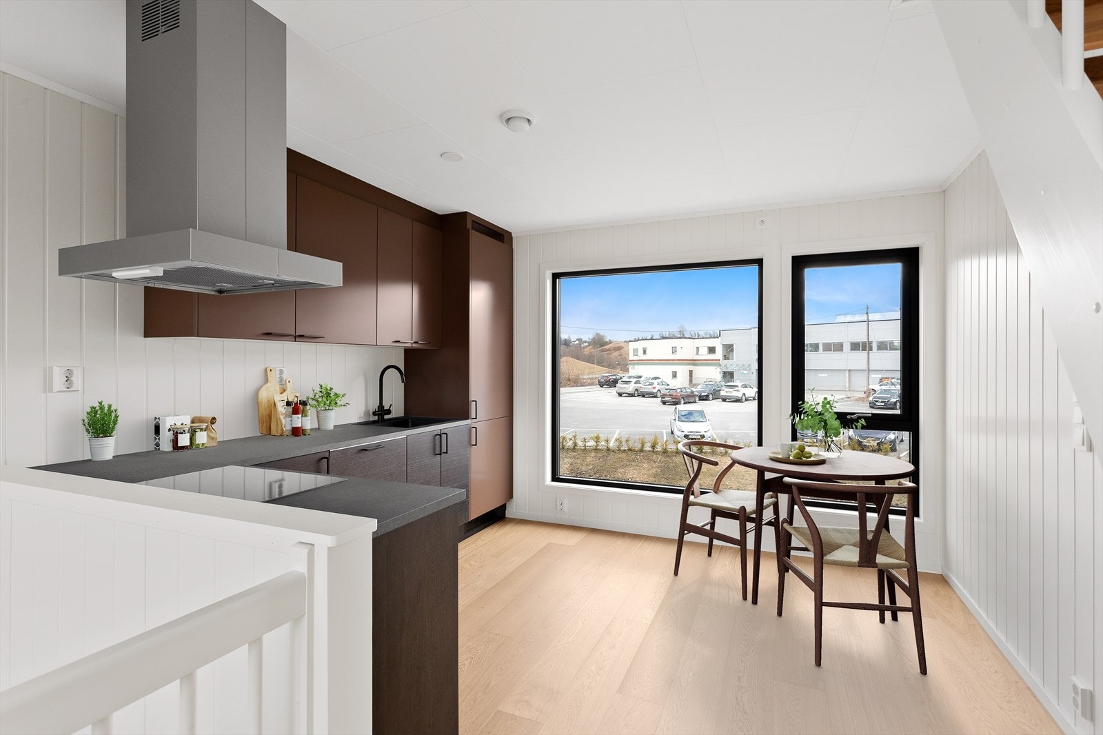 Kjøkken med plass til spisebord. Bolig nr. 46. (Bildet er digitalt stylet). Galleribilde