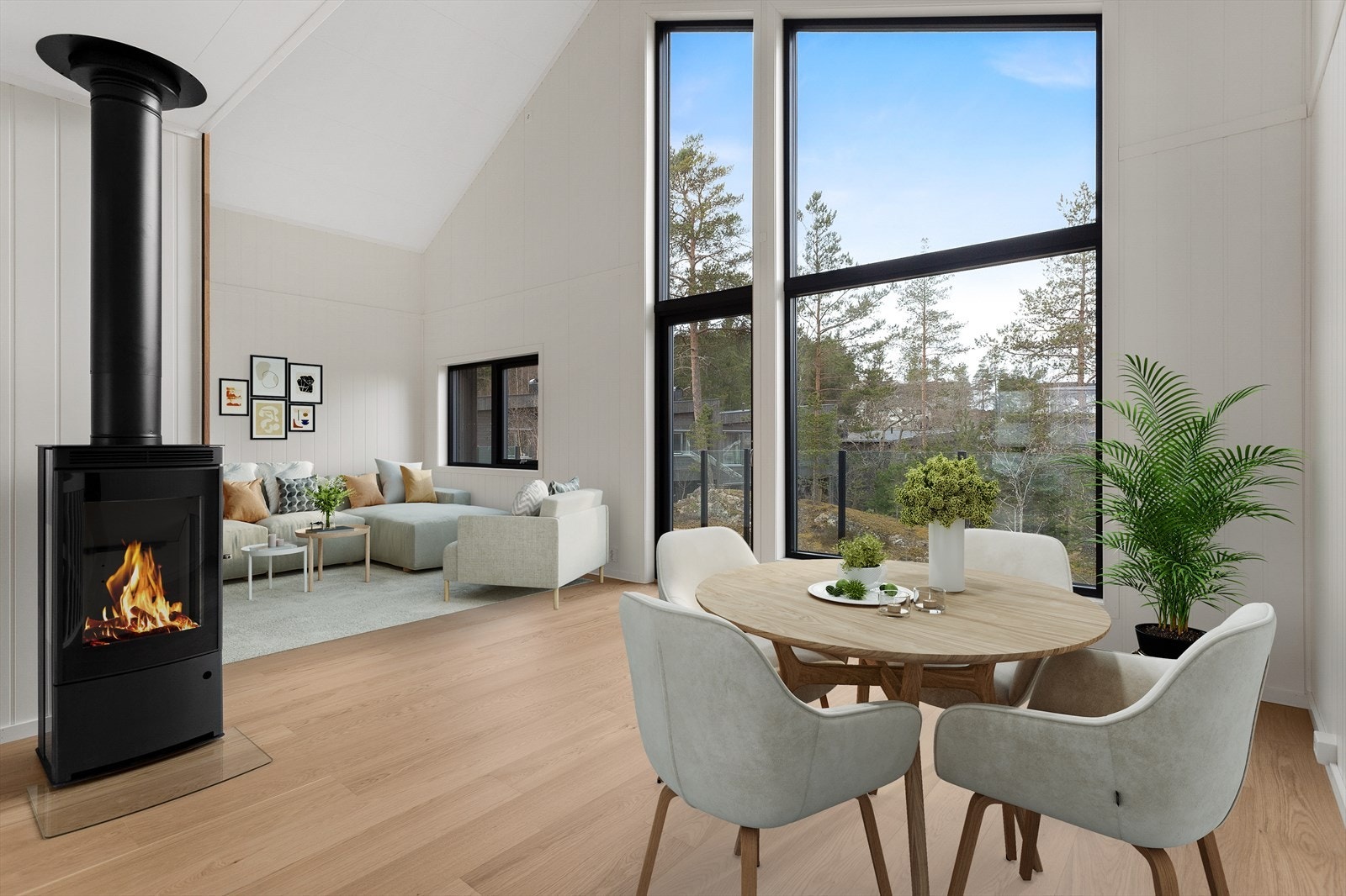 Lys og romslig stue med vedovn i bolig nr. 46 (bildet er digitalt stylet). Galleribilde