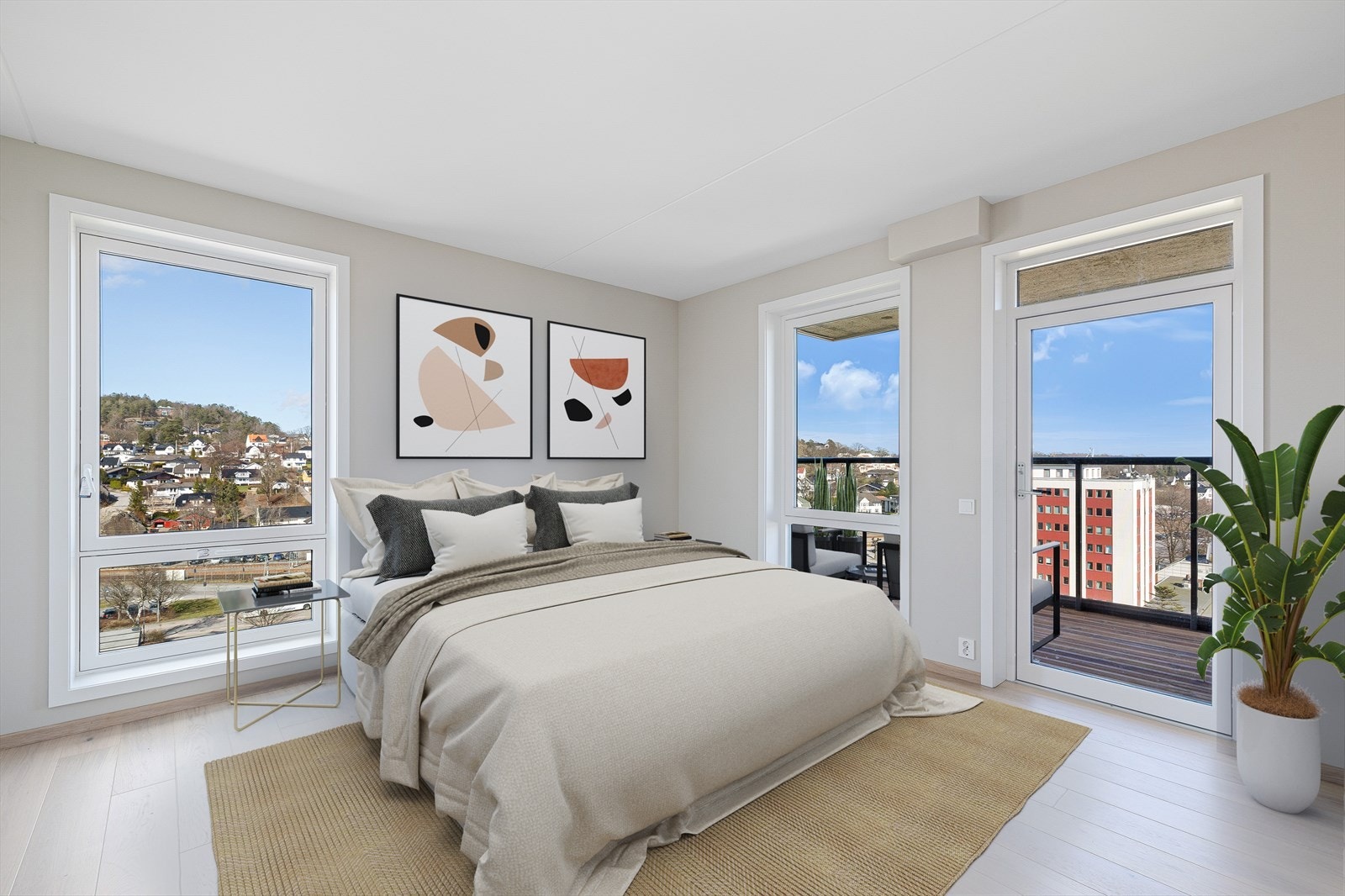 Boligen har 3 soverom. Hovedsoverom med tilgang til privat bad og balkong med fantastisk utsikt. Bildene er digitalt stylet. Galleribilde