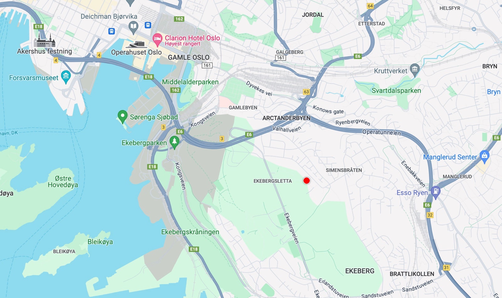 Fra Google maps. Ekeberg ligger i et rolig boligområde med kort vei til sentrum. Galleribilde
