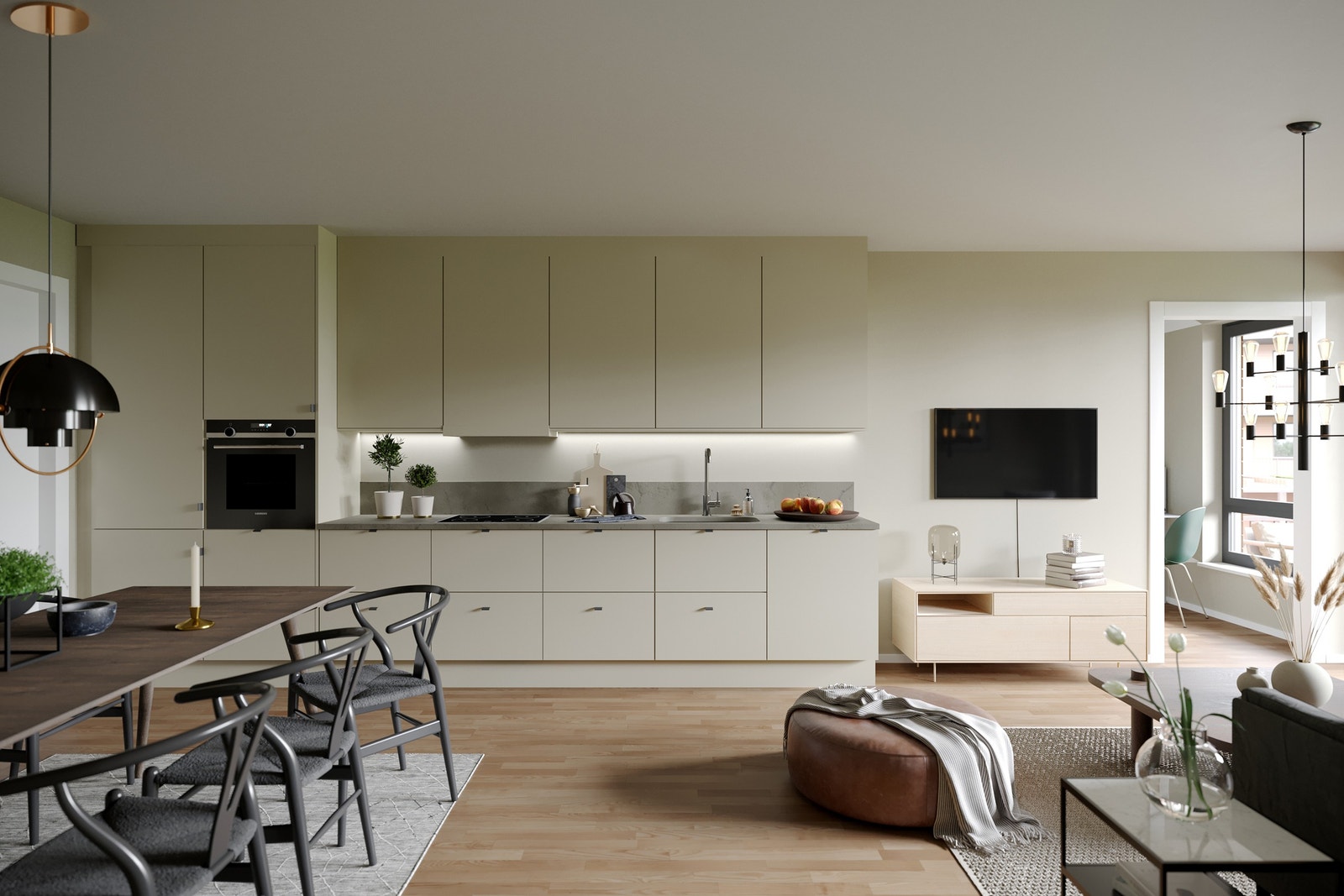 Innholdsrikt kjøkken med integrerte hvitevarer inkludert. Her illustrert ved C-0203 Galleribilde