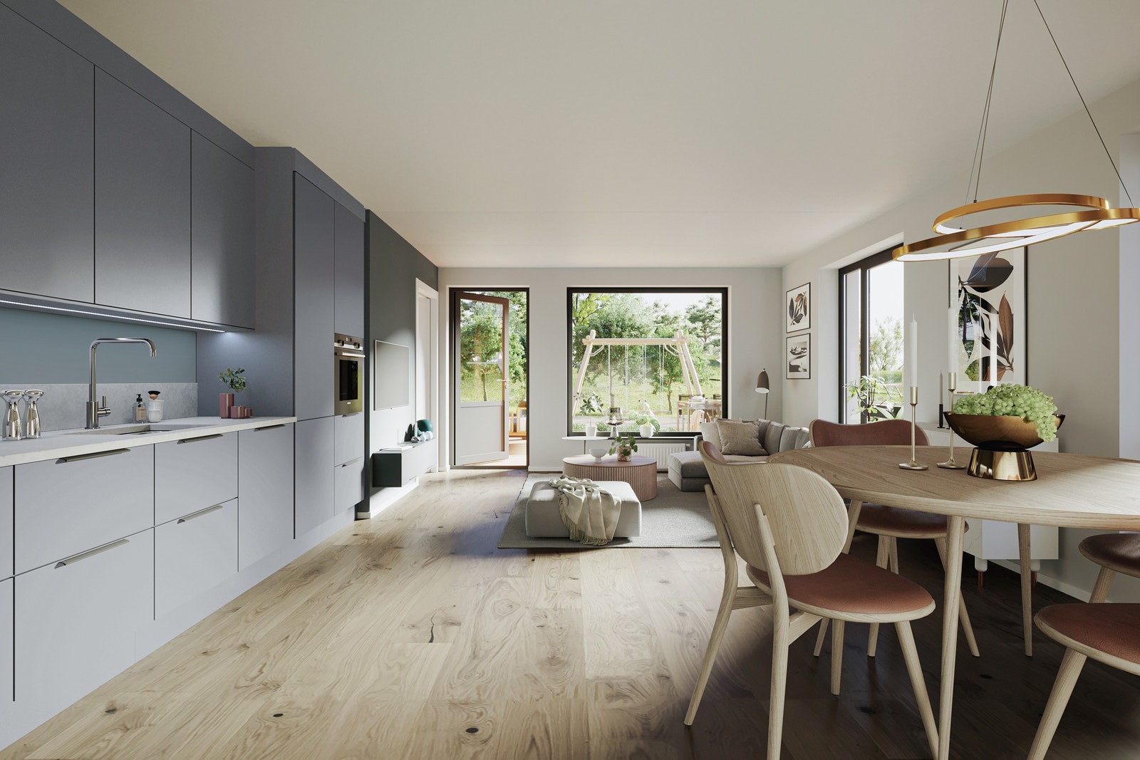 Flott 4-roms hjørneleilighet, her vist med oppgradert gulv. Illustrasjon B-0103 Galleribilde