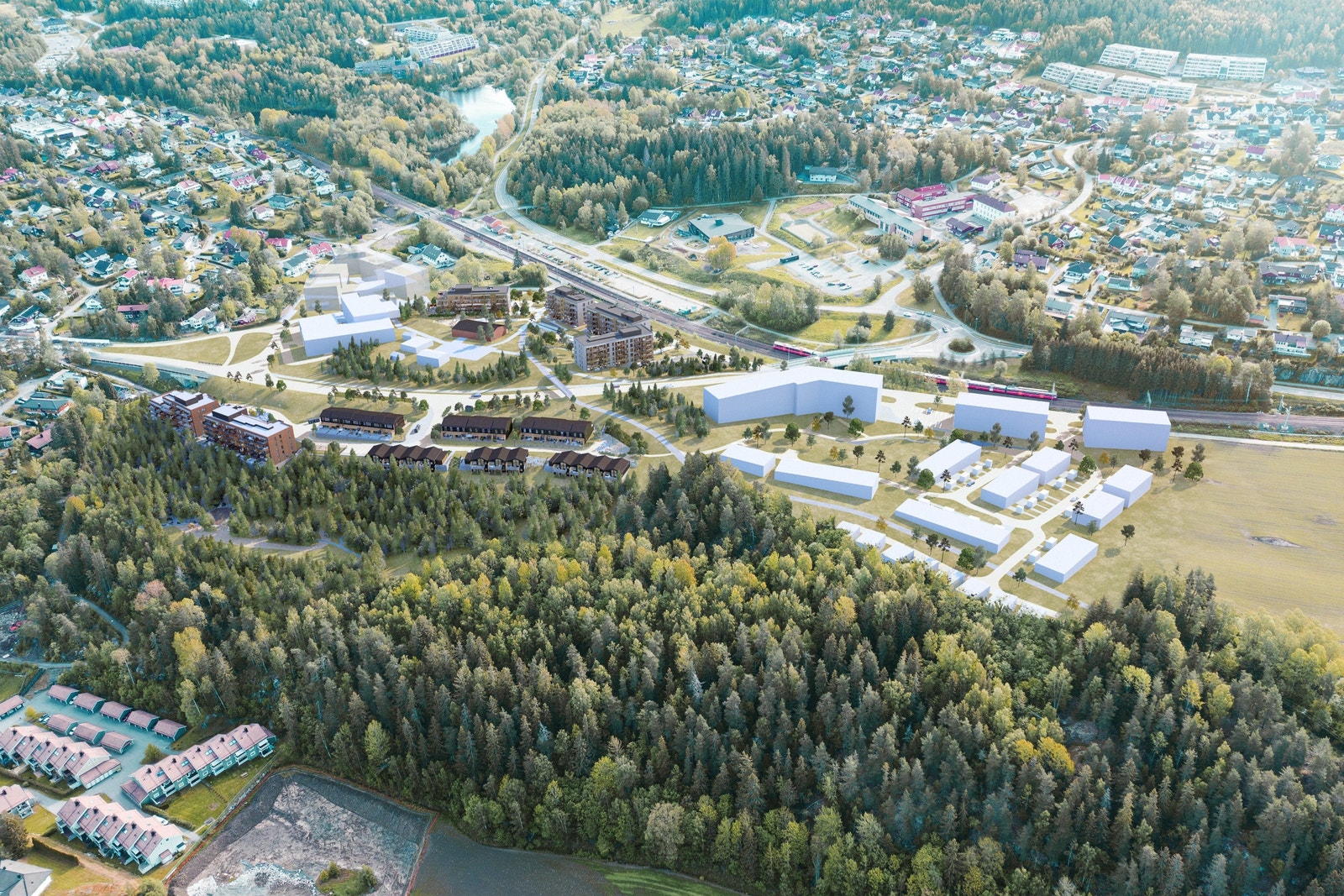 Illustrasjon som viser området i sin helhet. Boligblokkene ses til venstre foran toget Galleribilde