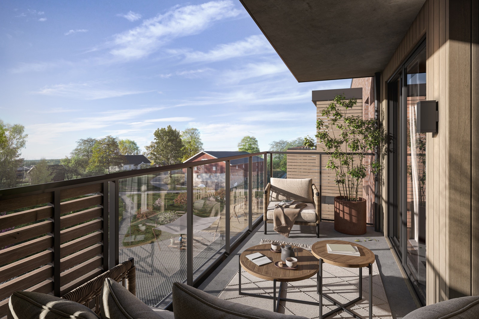 Nyt kveldssolen fra romslig balkong med hyggelig utsyn. Her illustrert C-0501 Galleribilde