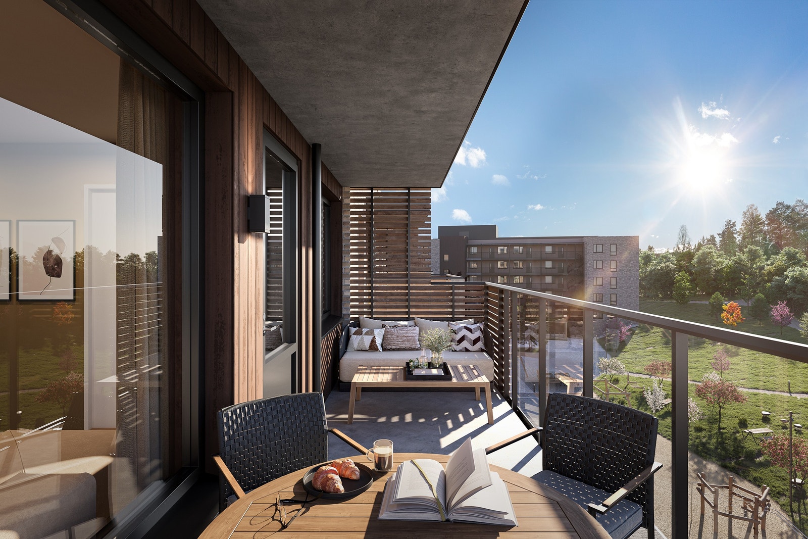 Kjempefine solforhold fra balkongene, her vist ved balkongen til leilighet A-0504 Galleribilde