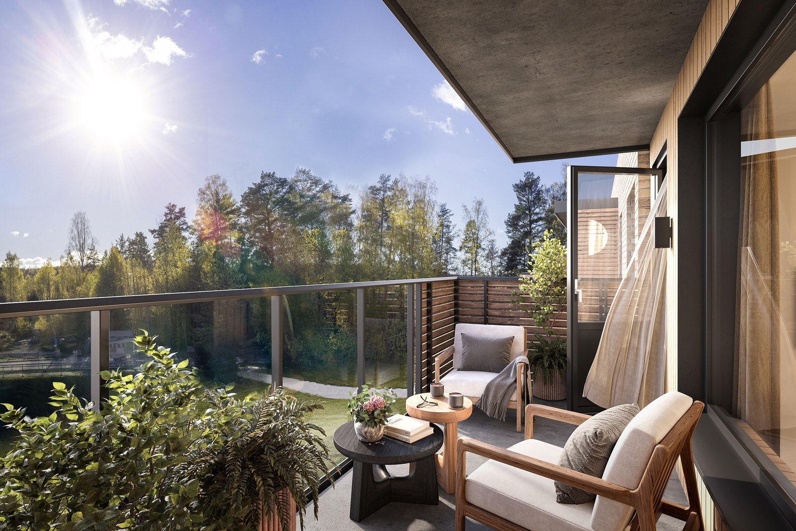 Romslige og solrike balkonger på alle boligene. Her vises illustrasjon fra Tunet 4. Galleribilde