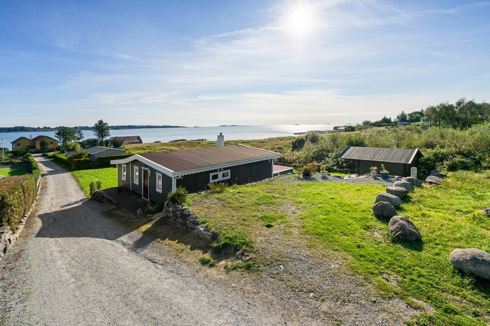 Hytten har kjørevei helt frem og atkomstrett til sjøen. Parkering på tomten Galleribilde