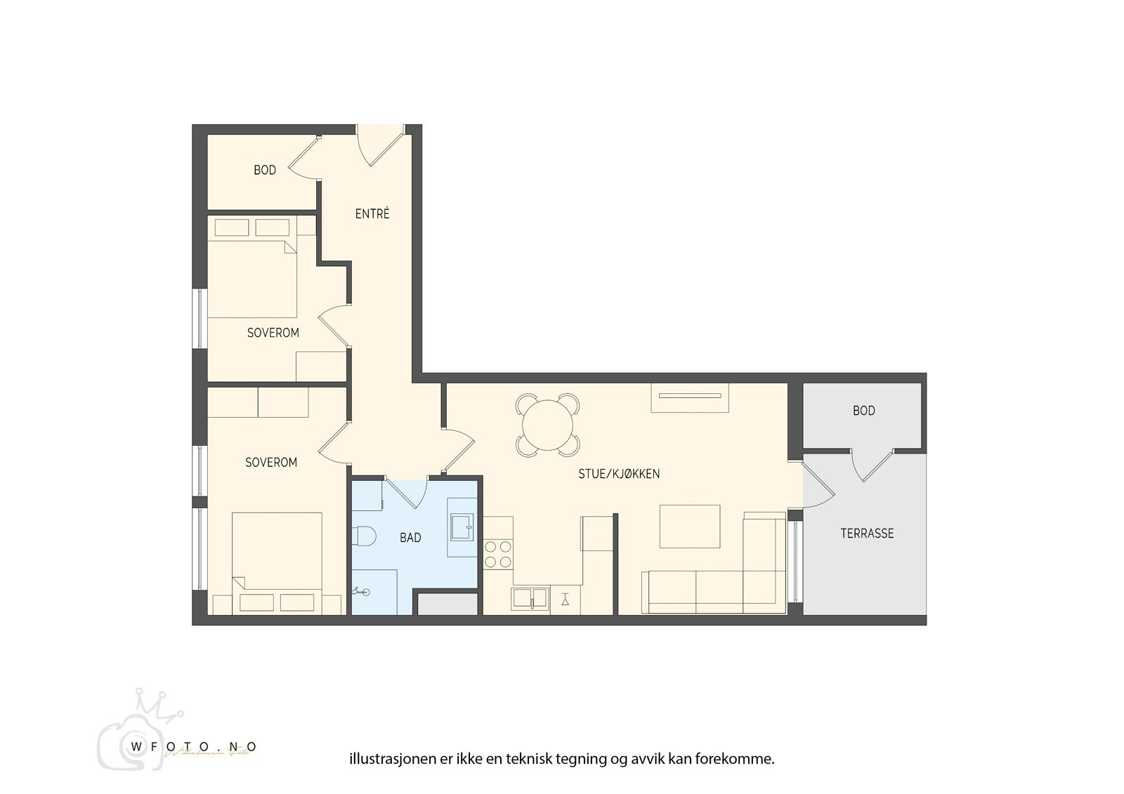 Entré/gang (10,9 m²), bad (5,8 m²), soverom (12,2 m²), soverom 2 (8,4 m²), stue/kjøkken (28,9 m²) og bod (3,4 m²). Vestvendt hellelagt terrasse på 7,3 m². Uisolert bod med utvendig adkomst (3 m²). Galleribilde