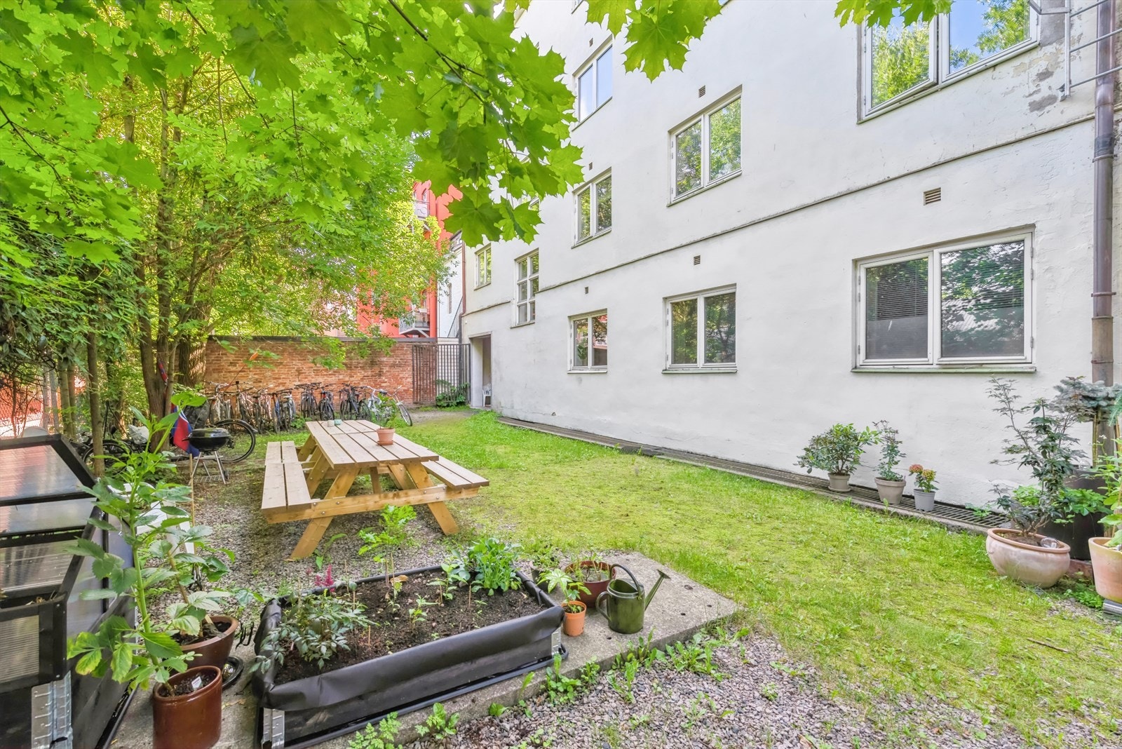Rolig og grønn bakgård med sittegrupper og sykkelparkering. Galleribilde