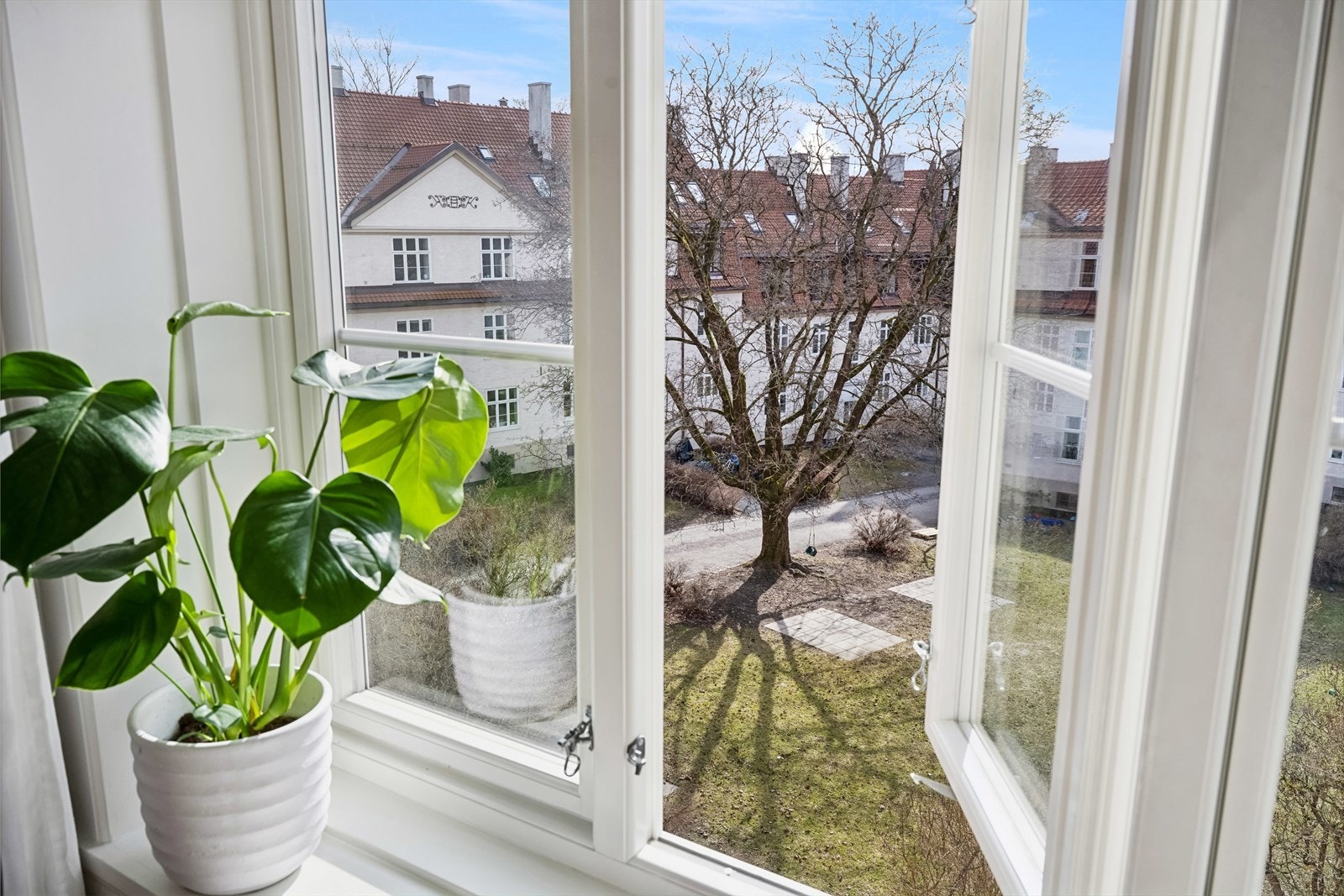 Utsikt fra stuen mot idyllisk grønn bakgård. Galleribilde