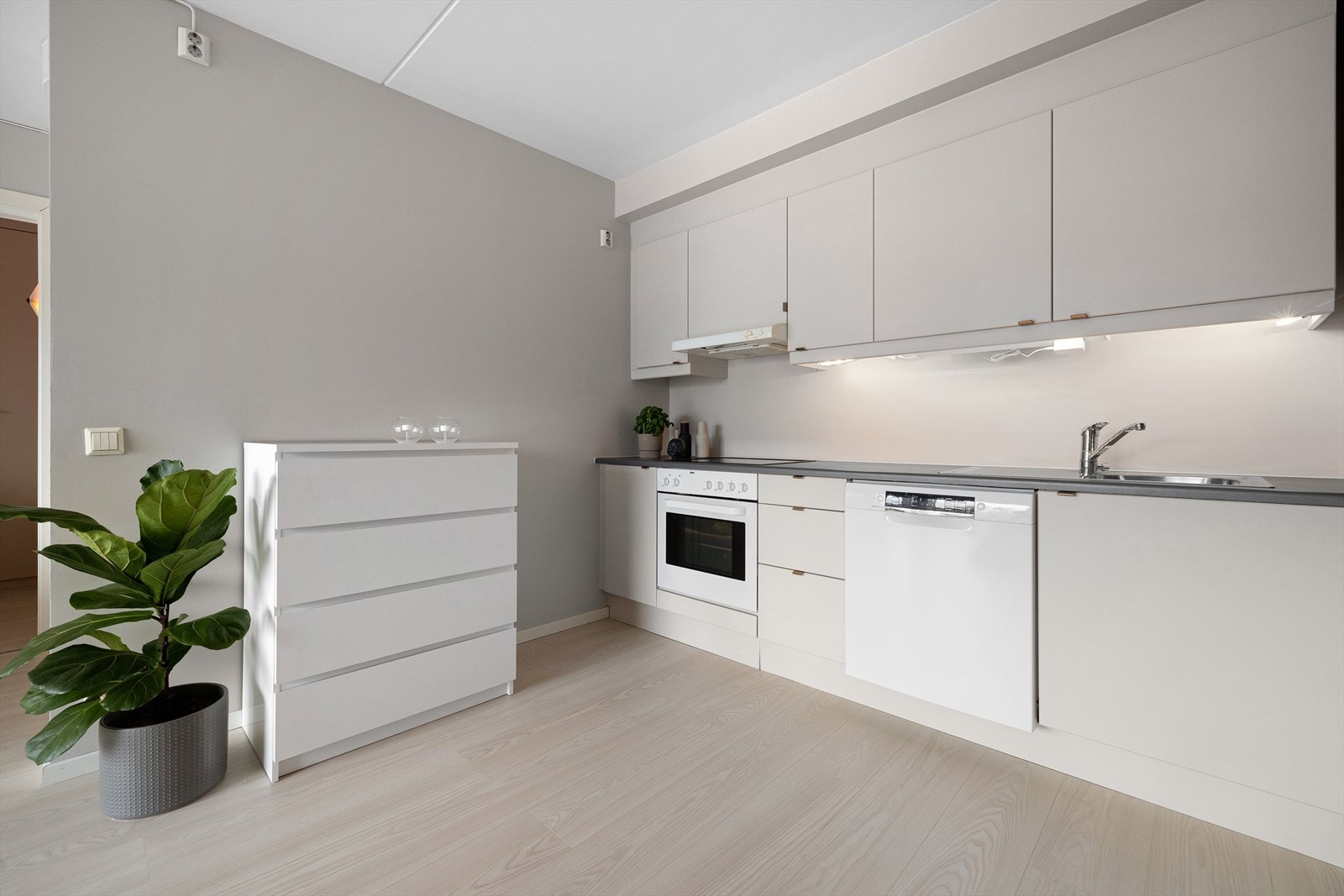 Kjøkkenet er utstyrt med platetopp, ventilator, kjøl/fryseskap, ovn og oppvaskmaskin Galleribilde