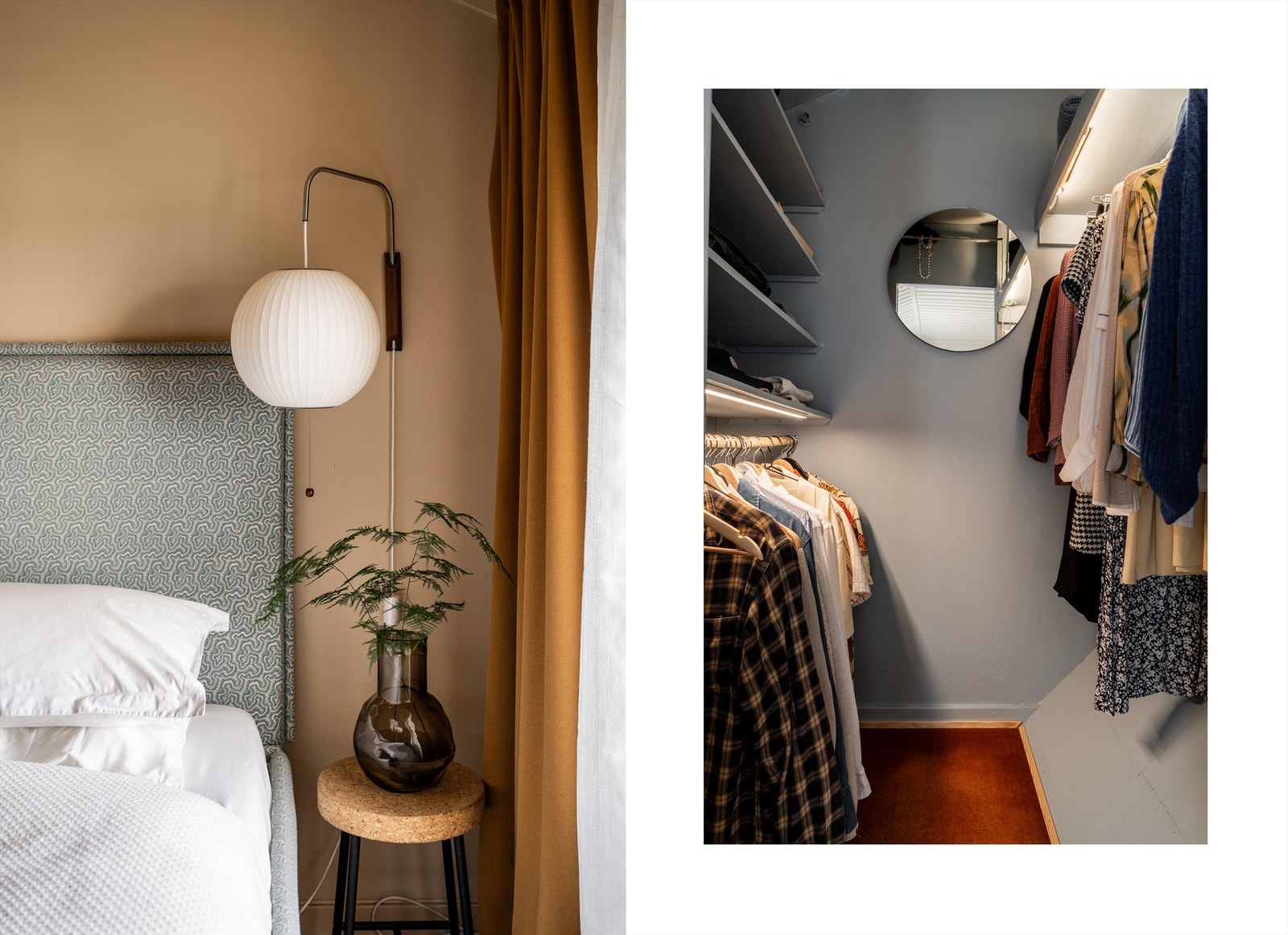 Adkomst til praktisk, lite walk-in closet med hyller og klesheng Galleribilde