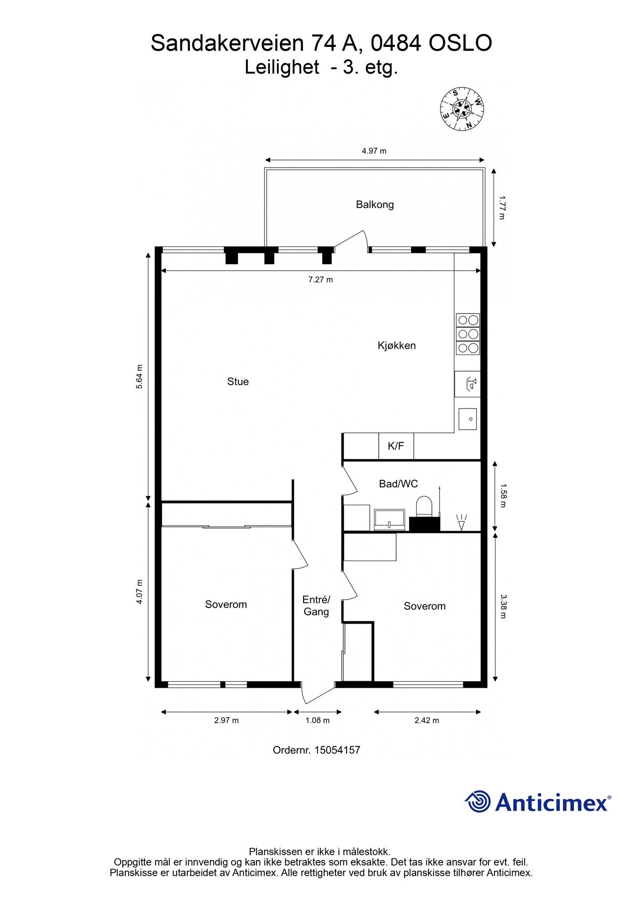Leiligheten består av: Entre, stue med utgang til balkong, kjøkken, 2 soverom og bad. Galleribilde