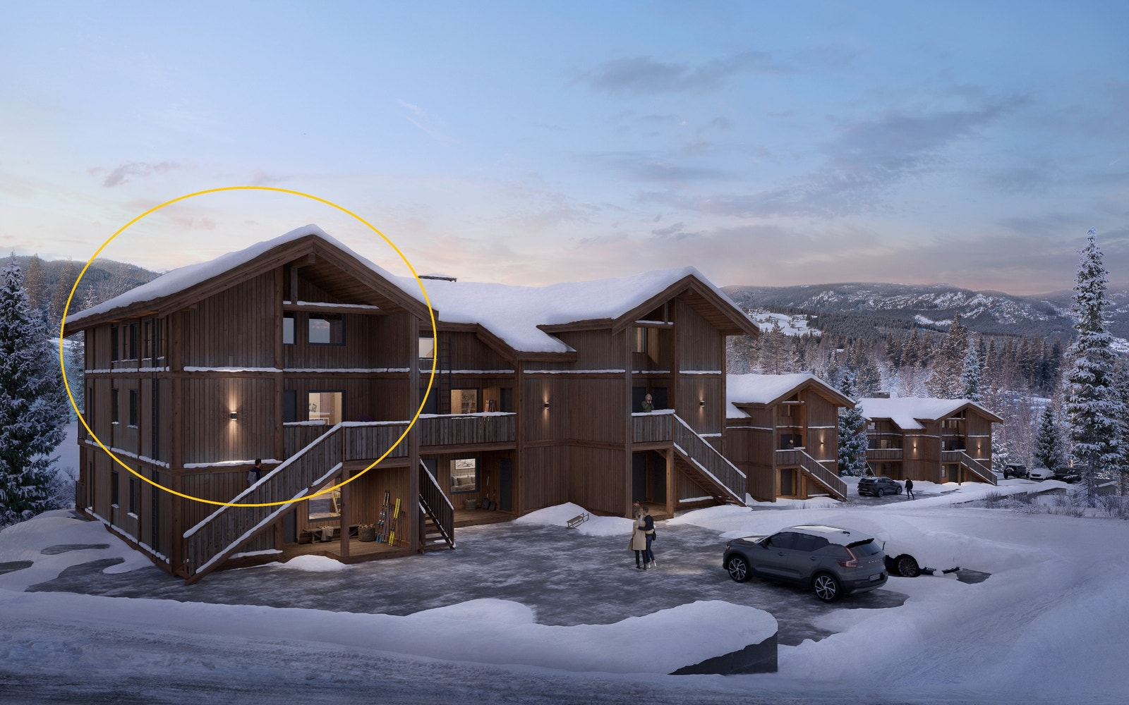 3D-bilde av hele prosjektet med alle tre bygninger Galleribilde