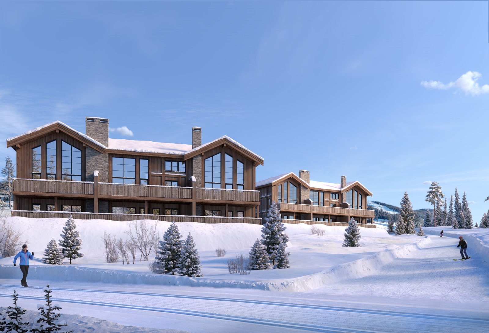 3D-bilde av hele prosjektet med alle tre bygninger Galleribilde