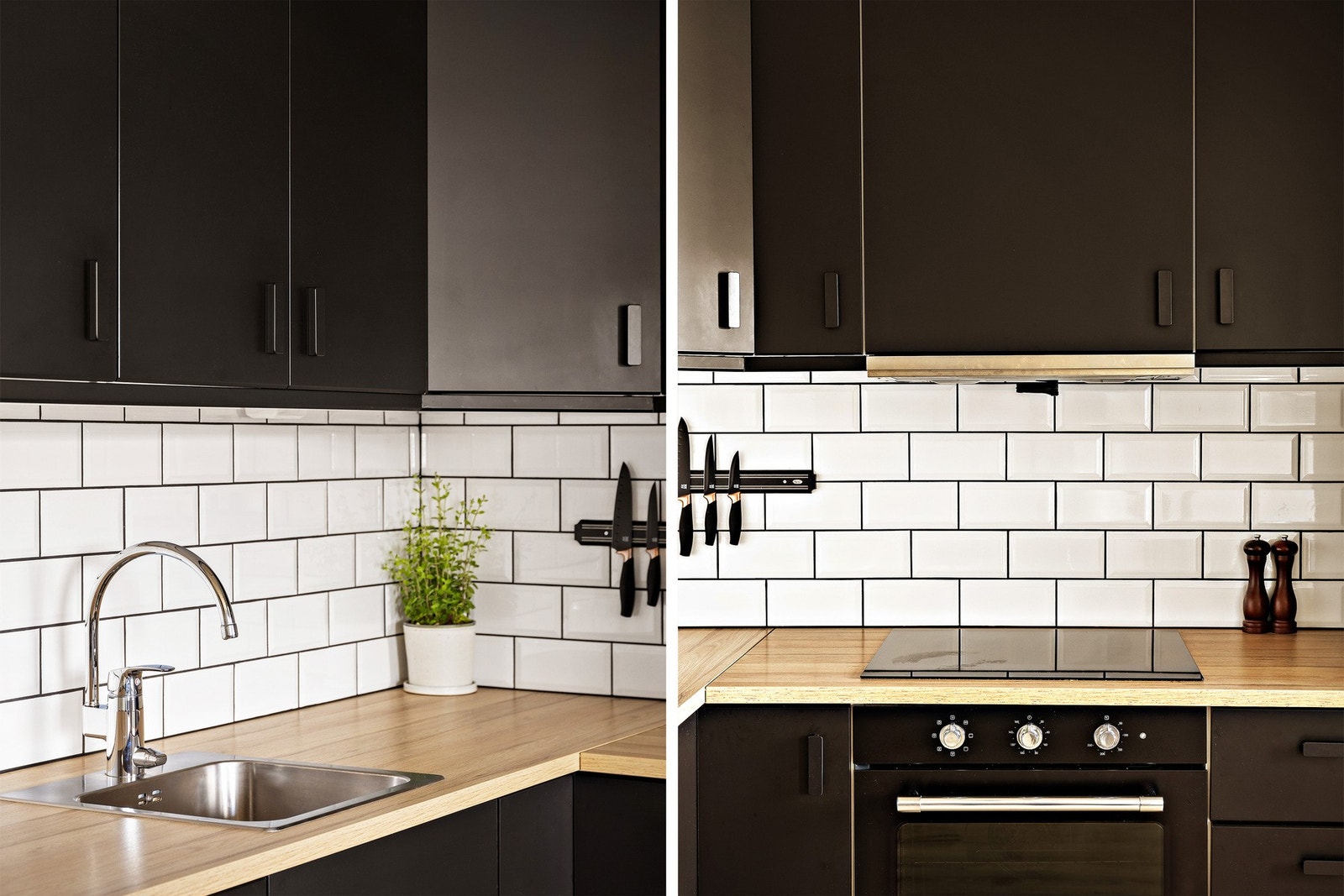 Kjøkkeninnredningen består av mørke glatte fronter, nedfelt oppvaskkum og flisfelt på overside. Galleribilde