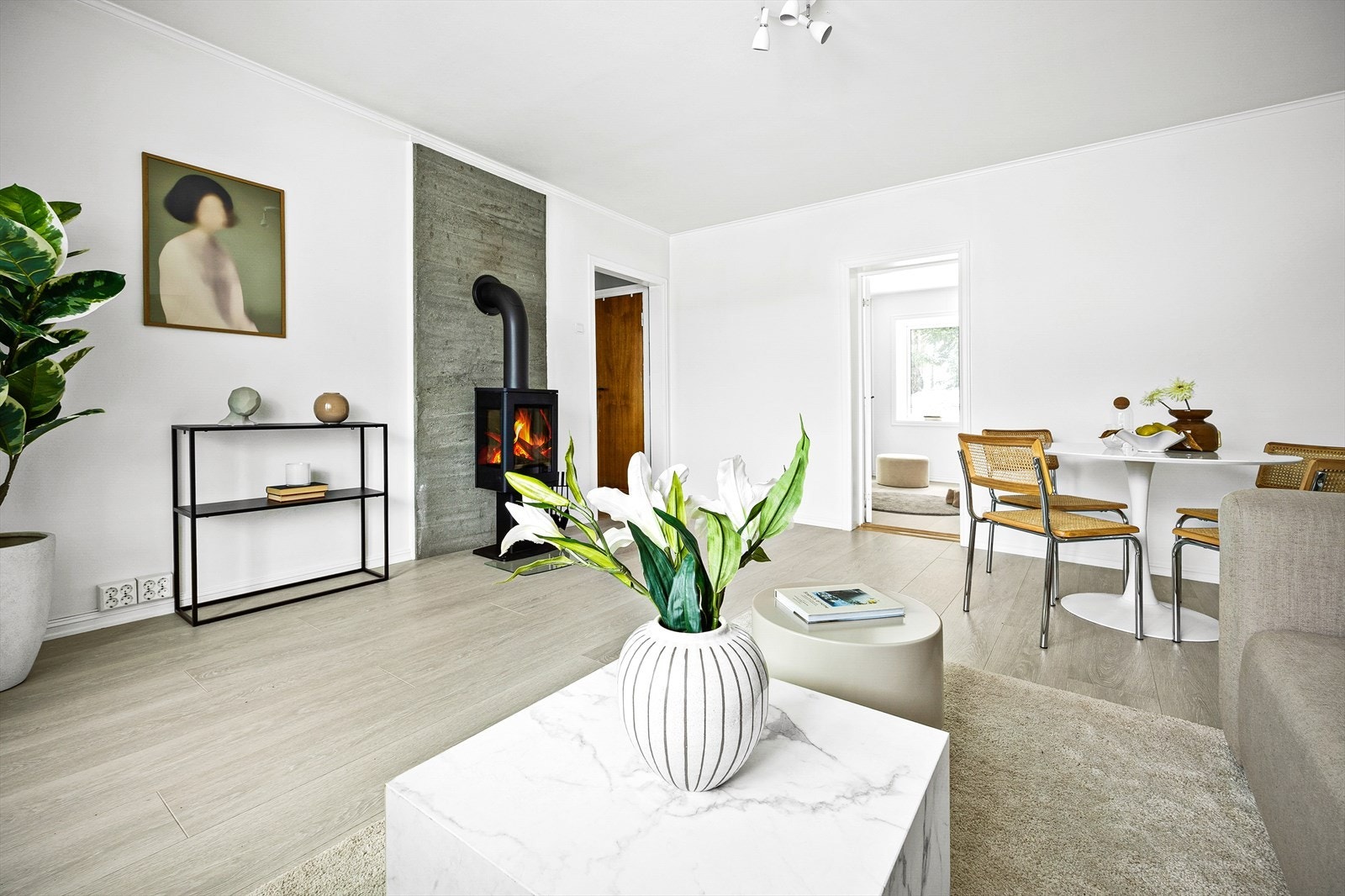 Stor stue med peis og adkomst til soverom. Galleribilde