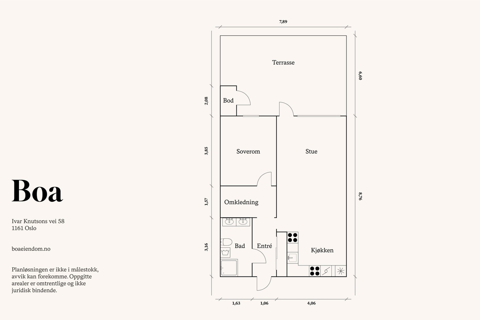 1. etasje: Entré/gang, bad, walk-in closet, soverom og stue/kjøkken. Bod. Terrasse.
En kjellerbod på ca. 2kvm og et skap i felles kjellerbod. Garasjeplass. Galleribilde