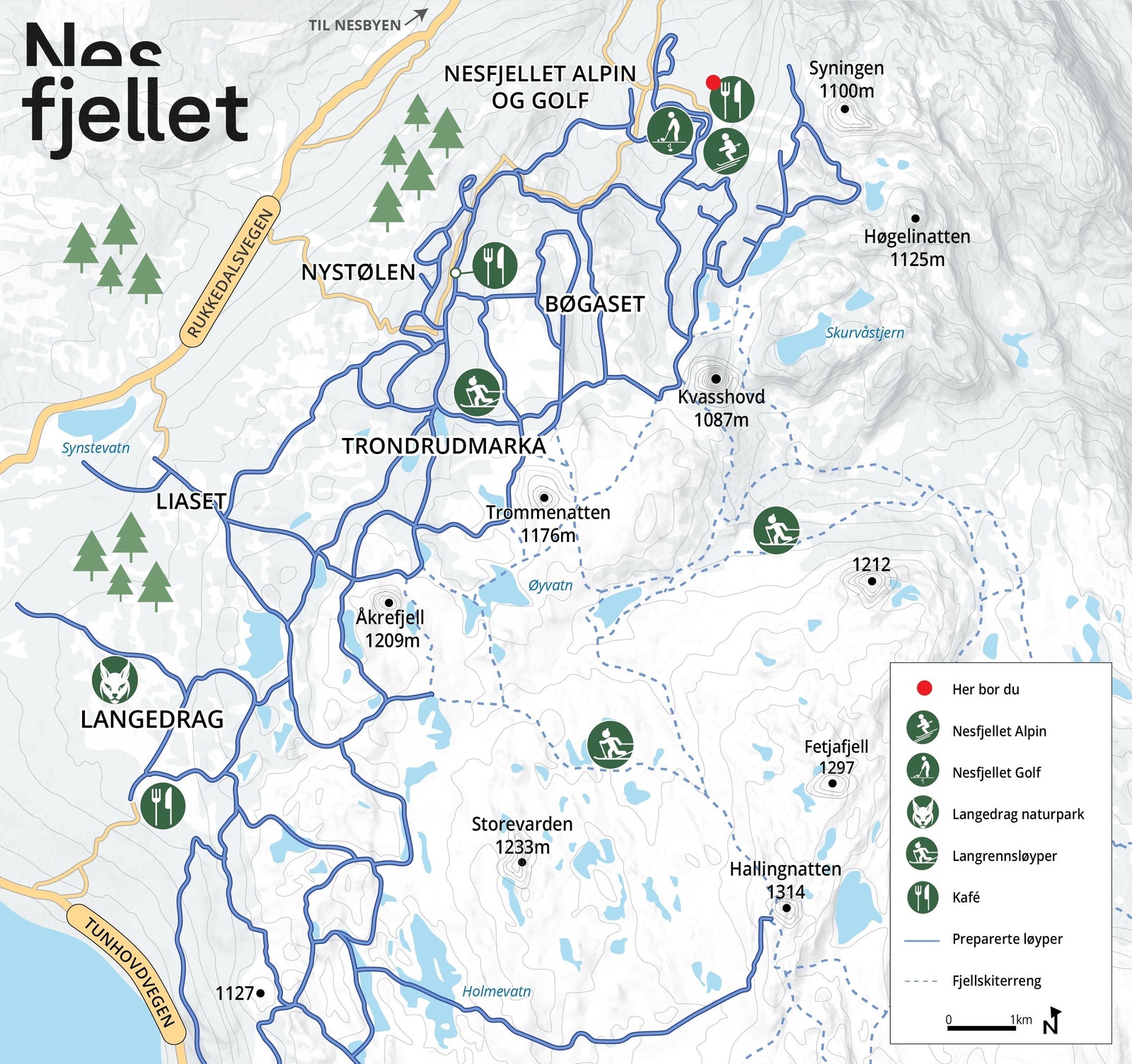 Lyøpekart - Nesfjellet Alpinlandsby markert med rød prikk Galleribilde