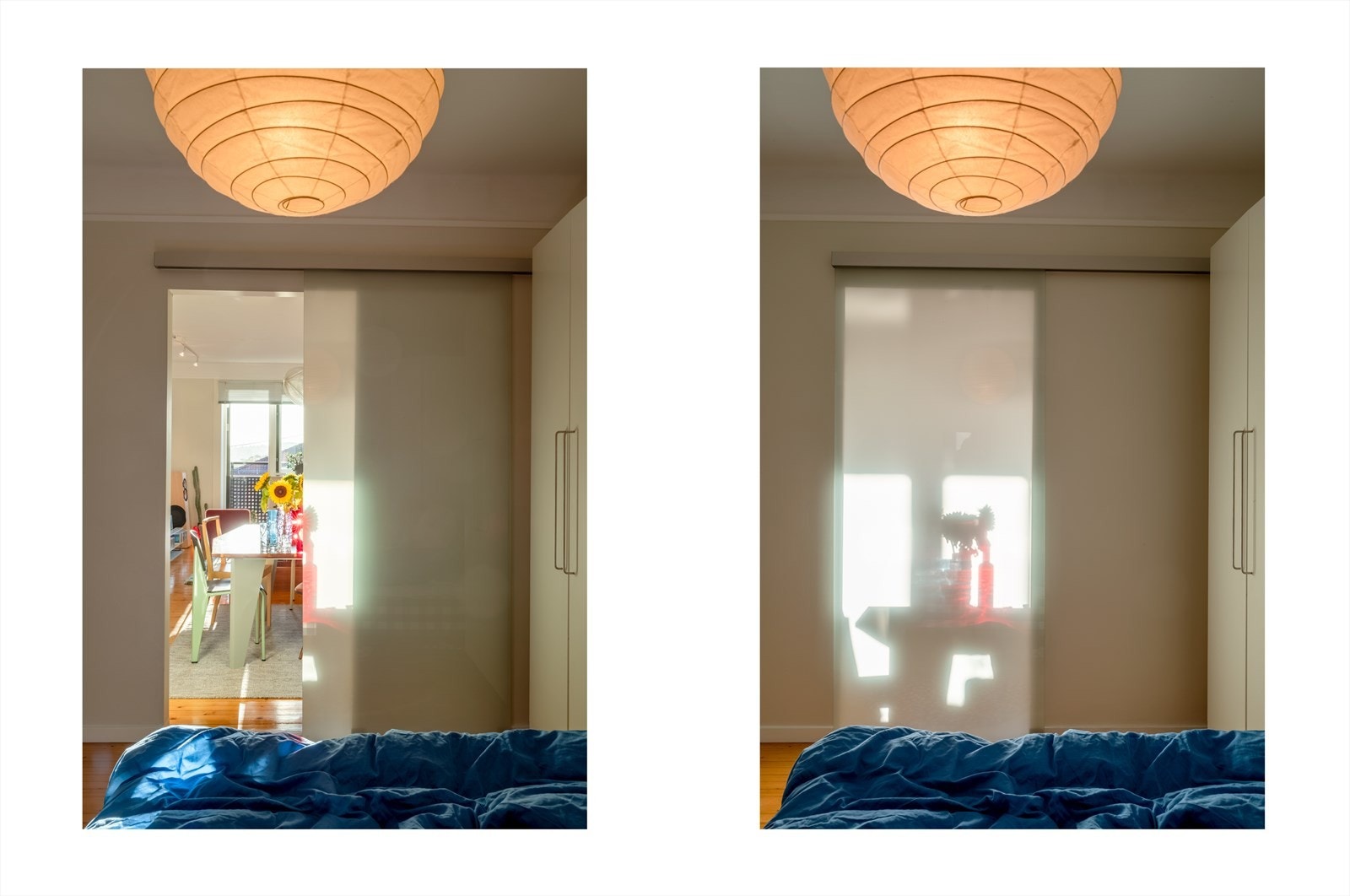 Det er montert en skyvedør av opaq glass mellom soverom og stuen. Lysspillet fra stuen er vakkert og på kveld funker den som en stor lampe. Galleribilde