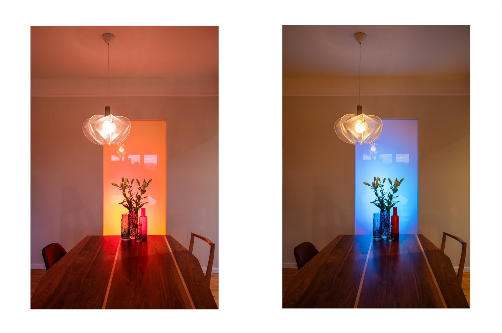 Skyvedøren fungere per i dag også som en stor stue lampe med farger i bevegelse og er en stor berikelse for atmosfæren i leiligheten. Galleribilde