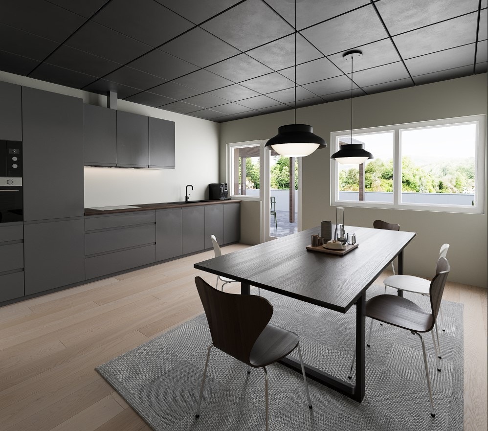 Kantinen skal oppgraderes - bildet er en illustrasjon på hvordan dette kan bli seende ut. Utgang til fantastisk takterrasse med utsikt over havna i Egersund Galleribilde