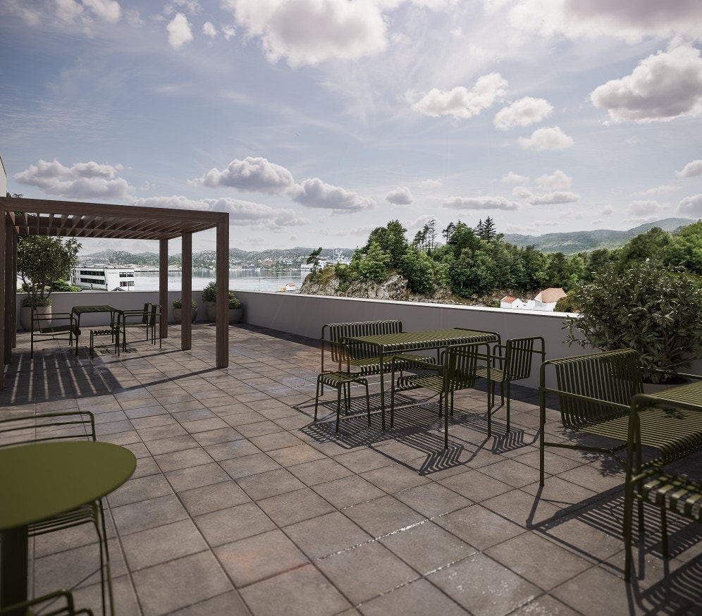 Takterrasse - bildet er en illustrasjon på hvordan dette kan bli seende ut. Utsikt over havna i Egersund Galleribilde